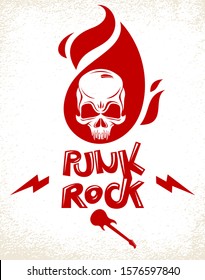 Skull In A Flames Hard Rock Music Vector Logo Or Emblem, Aggressive Skull Dead Head On Fire Rock And Roll Label, Punk Festival Concert Or Club, Musical Instruments Shop Or Recording Studio.
