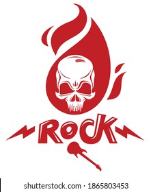Skull in a flames Hard Rock music vector logo or emblem, aggressive skull dead head on fire Rock and Roll label, Punk festival concert or club, musical instruments shop or recording studio.