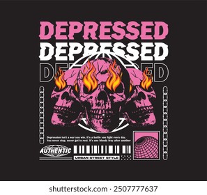 Skull with Flames Illustration and Depressed Slogan Artwork on Black Background for Apparel, T-Shirts, Streetwear, and Print Design