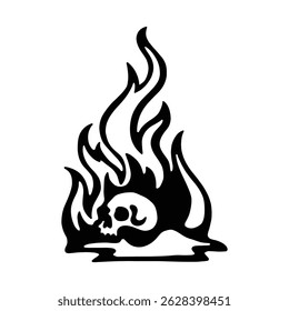 Skull in Flames Vector Illustration, Gothic Fire Tattoo Design.