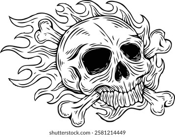 Skull with flames. Vector illustration. Monochrome hand drawn style