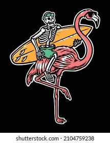 skull and flamingo get ready to surf illustration