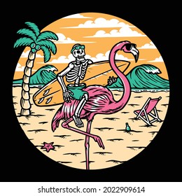 skull and flamingo on the beach