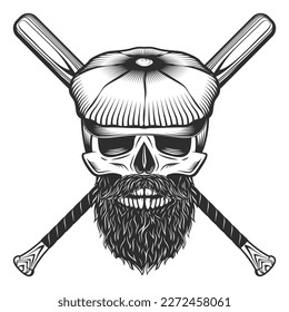Skull in flat cap with beard and mustache with baseball bat club emblem design elements template in vintage monochrome style isolated vector illustration