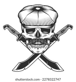 Calavera con capucha plana y bigote con cuchillo y cinta cruzada de machete. Arma fundida de cazador en la jungla. Vector negro y blanco aislado en fondo blanco