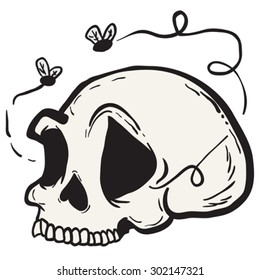 skull with flies cartoon illustration