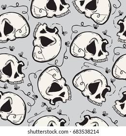 skull with flies seamless pattern on grey background