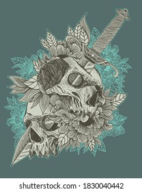 Skull with flora ornament. Halloween concept. Dark tattoo

