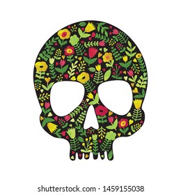 Skull floral element, bright autumn- summer doodle template card on white background