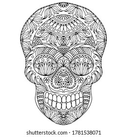 skull with floral and linear ornaments drawn for coloring on a white background, vector, day of the dead