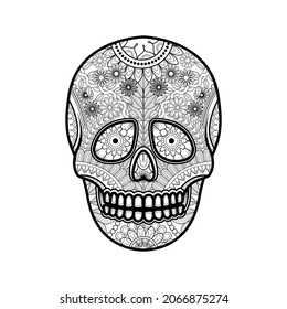 skull with floral and linear ornaments drawn for coloring book. hand drawn on white background
