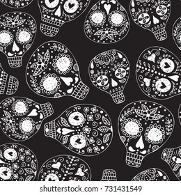 Skull with floral ornament. Day of the dead. Pattern.