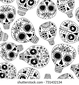 Skull with floral ornament. Day of the dead. Pattern.