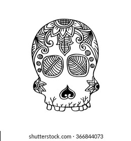 Skull with floral ornament. Doodle style.