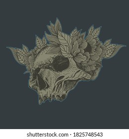 Skull with floral ornament. Halloween concept. Dark tattoo
