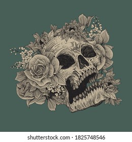 Skull with floral ornament. Halloween concept. Dark tattoo
