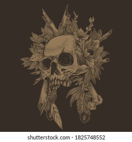 Skull with floral ornament. Halloween concept. Dark tattoo
