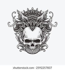 Skull and floral ornament. Hand drawn vector illustration. Tattoo art
