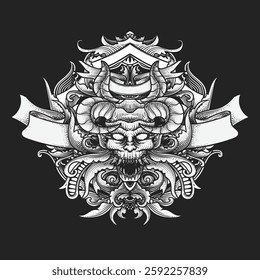Skull and floral ornament. Hand drawn vector illustration. Tattoo art