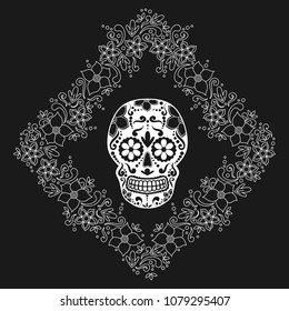 Skull with floral ornament. Mexican sugar skull. Vector illustration
