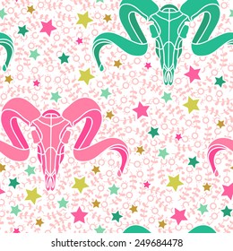 Skull with floral ornament on craft background . Vector illustration