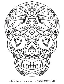 Skull with floral ornaments and hearts for coloring on a white background, vector, Day of the Dead, Mexican Festival.