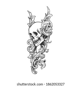 A skull and a floral pattern. Can be used as a sketch of a tattoo.