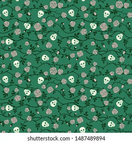 Skull floral seamless pattern with climbing curly rose and thorn. Fabric dark flower background, vector. Gothic, Day of Dead or halloween holiday. Dia de muertos texture. Cute funny death's head