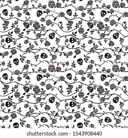 Skull floral seamless pattern. Climbing curly rose and thorn. Fabric black and white flower background, vector. Gothic, Day of Dead, halloween holiday. Dia de muertos texture. Cute funny death's head