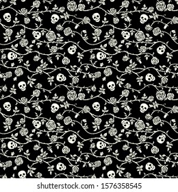 Skull floral seamless pattern. Climbing curly rose and thorn. Fabric black and white flower background, vector. Gothic, Day of Dead, halloween holiday. Dia de muertos texture. Cute funny death's head