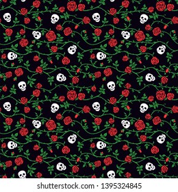 Skull floral seamless pattern with red climbing curly rose and thorn. Fabric dark flower background, vector. Gothic, Day of Dead or halloween holiday. Dia de muertos texture. Cute funny death's head