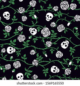 Skull floral seamless pattern with white climbing curly rose and thorn. Fabric dark flower background, vector. Gothic, Day of Dead or halloween holiday. Dia de muertos texture. Cute funny death's head