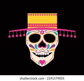 Skull of floral shapes. Global colors. Dia de Muertos. Day of The Dead. Tattoo Skull Ornat. Tribal tattoo design. T-shirt design. Hand painted vector illustration