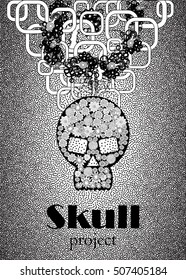 Skull in floral style your concept design. Black n White. Vector illustration.