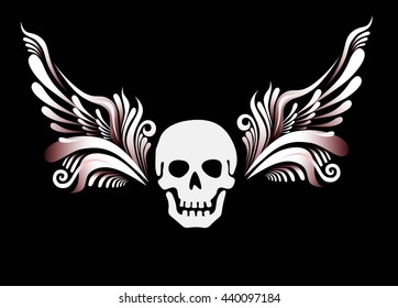 Skull with floral wings. Motor club emblem, design tattoo. Vector