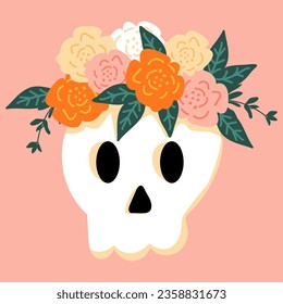 Skull in the floral wreath. Halloween element.  Vector illustration