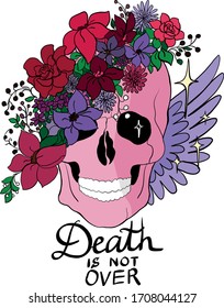 Skull in a floral wreath with wings and text. Tattoo style. Pink romantic design