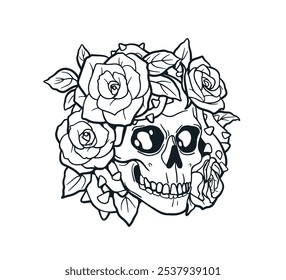 Totenkopf mit Blütenblüte, detaillierte Tintenzeichnung, Tattoo-Design. Kopfknochen, florales Skelett. Konturierte Umrissätzung, Catrina. handgezeichnete, gravierte Vektorgrafik einzeln auf weißem Hintergrund