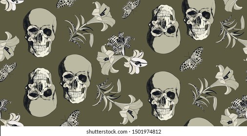 Skull and flower with butterfly on brown background. Seamless pattern. Vector illustration