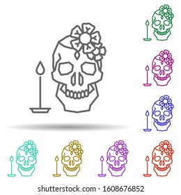 Skull, flower, candle, Catrina multi color style icon. Simple thin line, outline vector of dia de muertos icons for ui and ux, website or mobile application