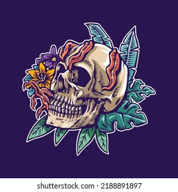 Skull With Flower Cartoon Illustration