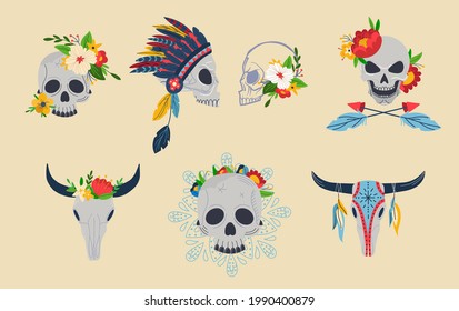 Skull with flower decoration, vector illustration, mexican death symbol, isolated on white skeleton set with war bonnet, dead head with floral crown.