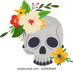 Skull with flower decoration vector illustration, mexican death symbol, isolated on white skeleton set with war bonnet, dead head with floral crown.