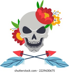 Skull with flower decoration vector illustration, mexican death symbol, isolated on white skeleton set with war bonnet, dead head with floral crown.