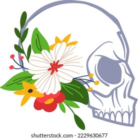 Skull with flower decoration vector illustration, mexican death symbol, isolated on white skeleton set with war bonnet, dead head with floral crown.