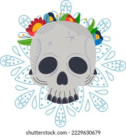Skull with flower decoration vector illustration, mexican death symbol, isolated on white skeleton set with war bonnet, dead head with floral crown.