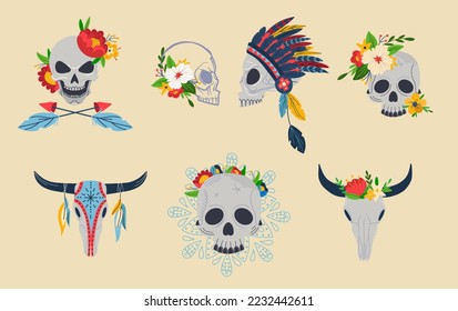 Skull with flower decoration, vector illustration, mexican death symbol, isolated on white skeleton set with war bonnet, dead head with floral crown.