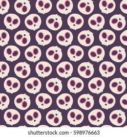 Skull with flower eyes. Seamless pattern with flat design of skulls on the dark background. Vector illustration