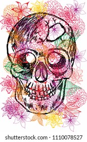 skull and flower graphic design vector art
