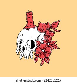 skull and flower hand drawn sketch illustration. Vintage tattoo print.